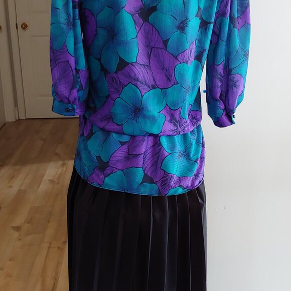 Vintage 80's Club Femme Teal Purple Black Drop Waist Dress - Picture 3 of 6